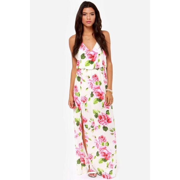 Anthropologie Dresses & Skirts - Lush Say No Amore Ivory Rose Floral Print Sleeveless T Back Tulip Hem Maxi Dress